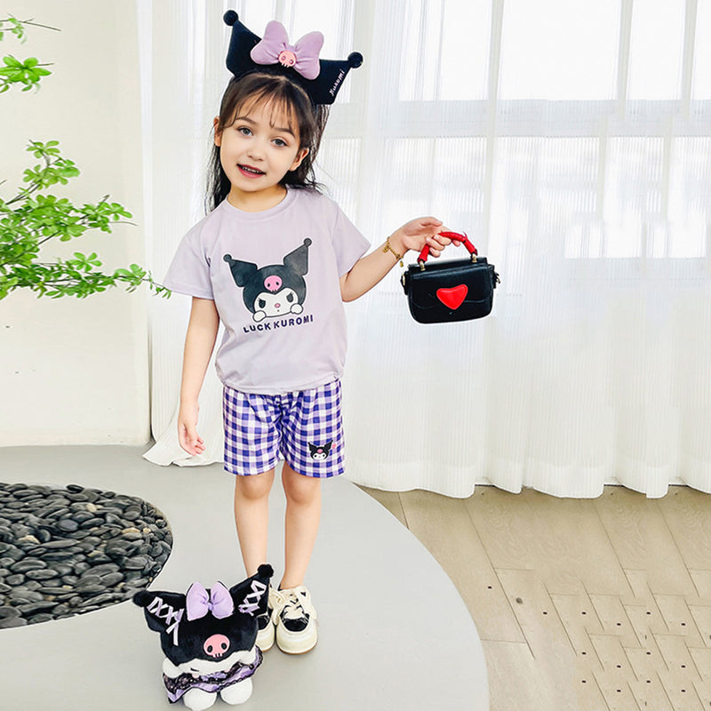 Girls Cartoon Graphic Top With Checked Shorts sets Purple 1-2 Y 