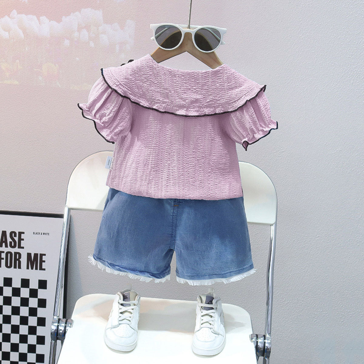 Girls Purple Flower Applique Top With Shorts Set Sets