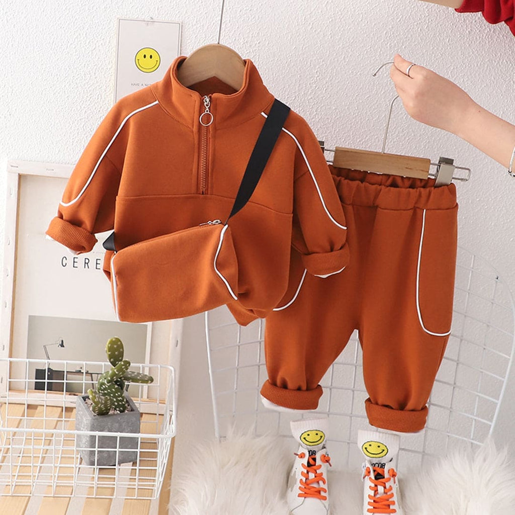 Boys Brown Solid Track Suit with Sling Bag Set