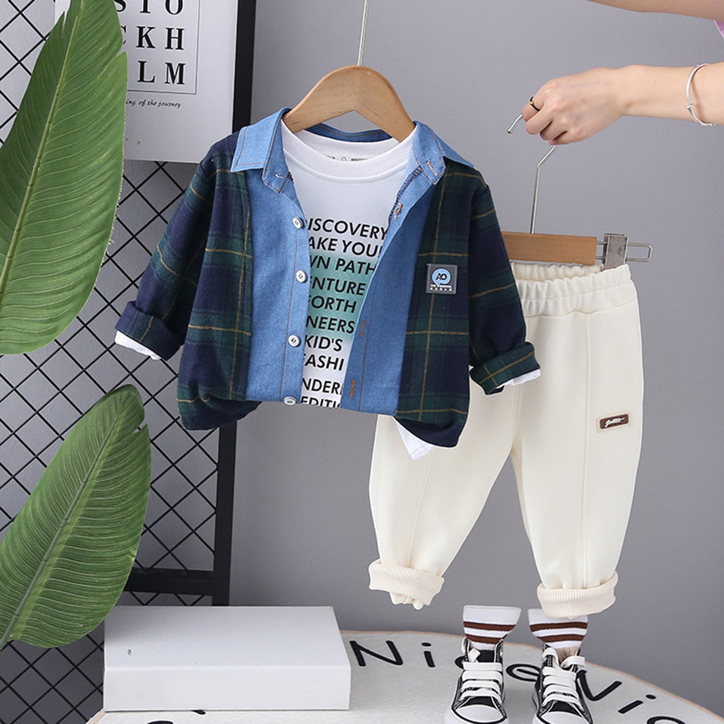 Boys Printed T-shirt with Checkered Shirt & Trousers Set