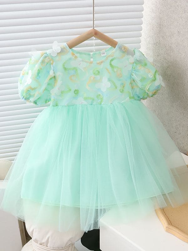 Girls Printed with Butterfly Cutwork Tulle Overlay Dress