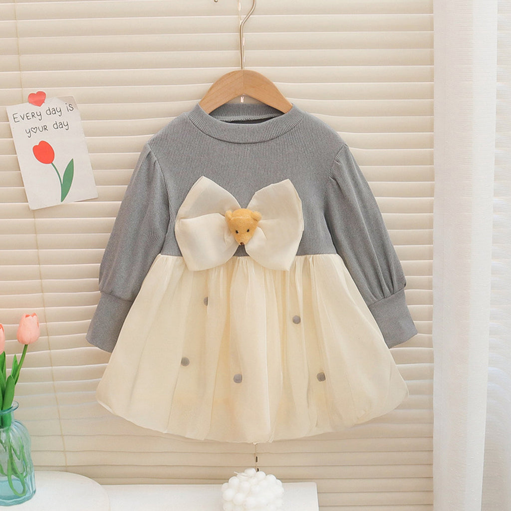 Girls Bow Applique Tulle Overlay Dress