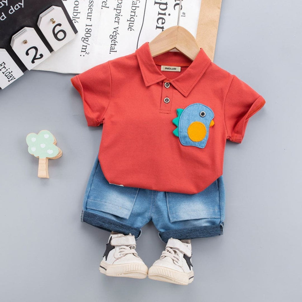 Boys Red Logo Applique Polo T-shirt with Denim Shorts Set Sets Red 1-2 Y 