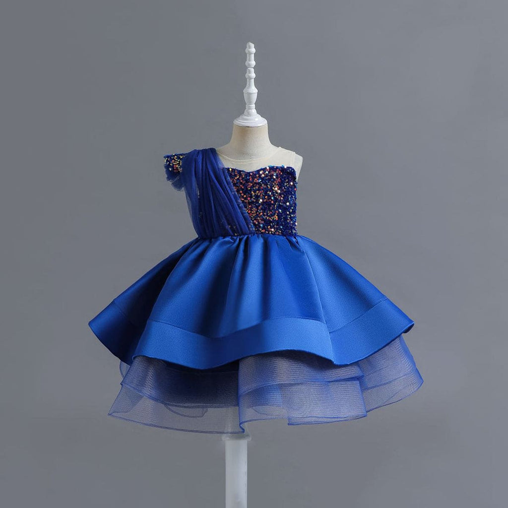 Girls Off-Shoulder Sequins Tiered Party Dress Casual Dresses Blue 1-2 Y 