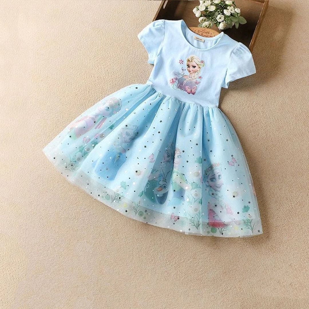 Girls Elsa Princess Short Sleeve Dress Casual Dresses Blue 2-3 Y 
