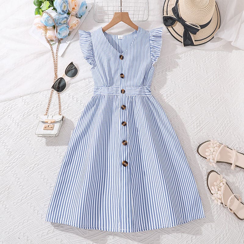 Girls Dark Blue Striped Flutter Sleeves Fit & Flare Casual Dress