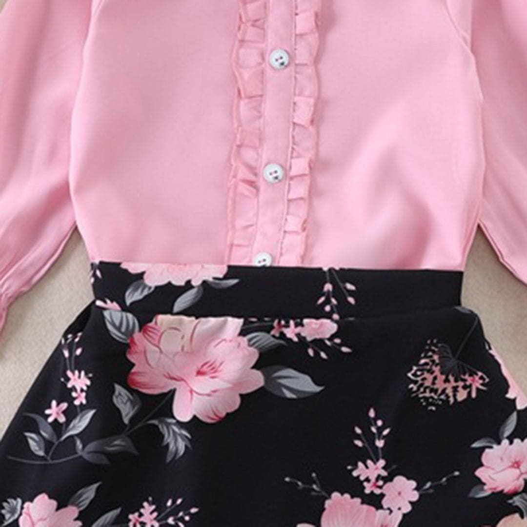 Girls Long Sleeve Frill Neck Top With Printed Skirt Sets   