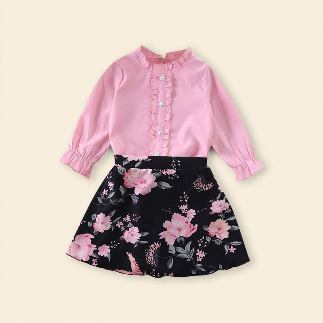 Girls Long Sleeve Frill Neck Top With Printed Skirt Sets   