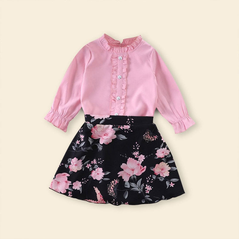 Girls Long Sleeve Frill Neck Top With Printed Skirt Sets   