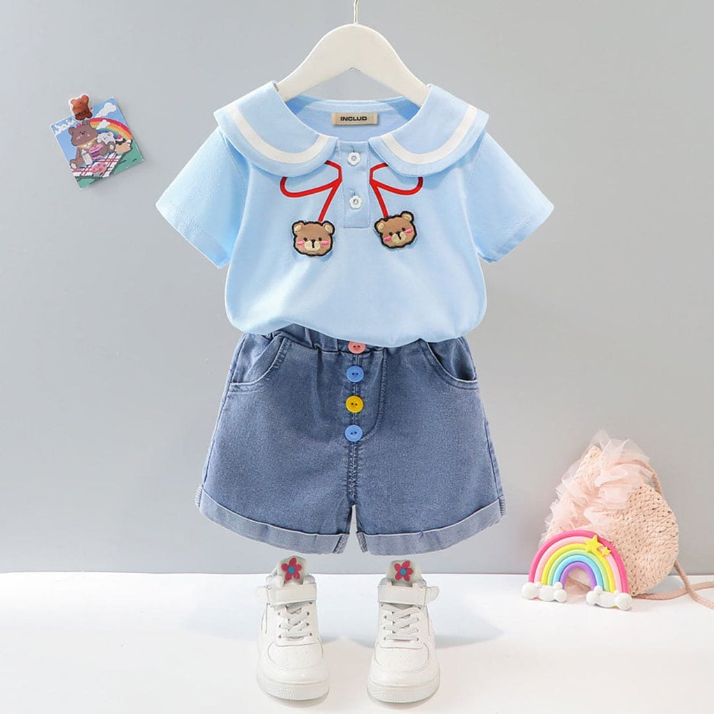 Girls Blue T-shirt with Denim Shorts Set Sets Light Blue 1-2 Y 