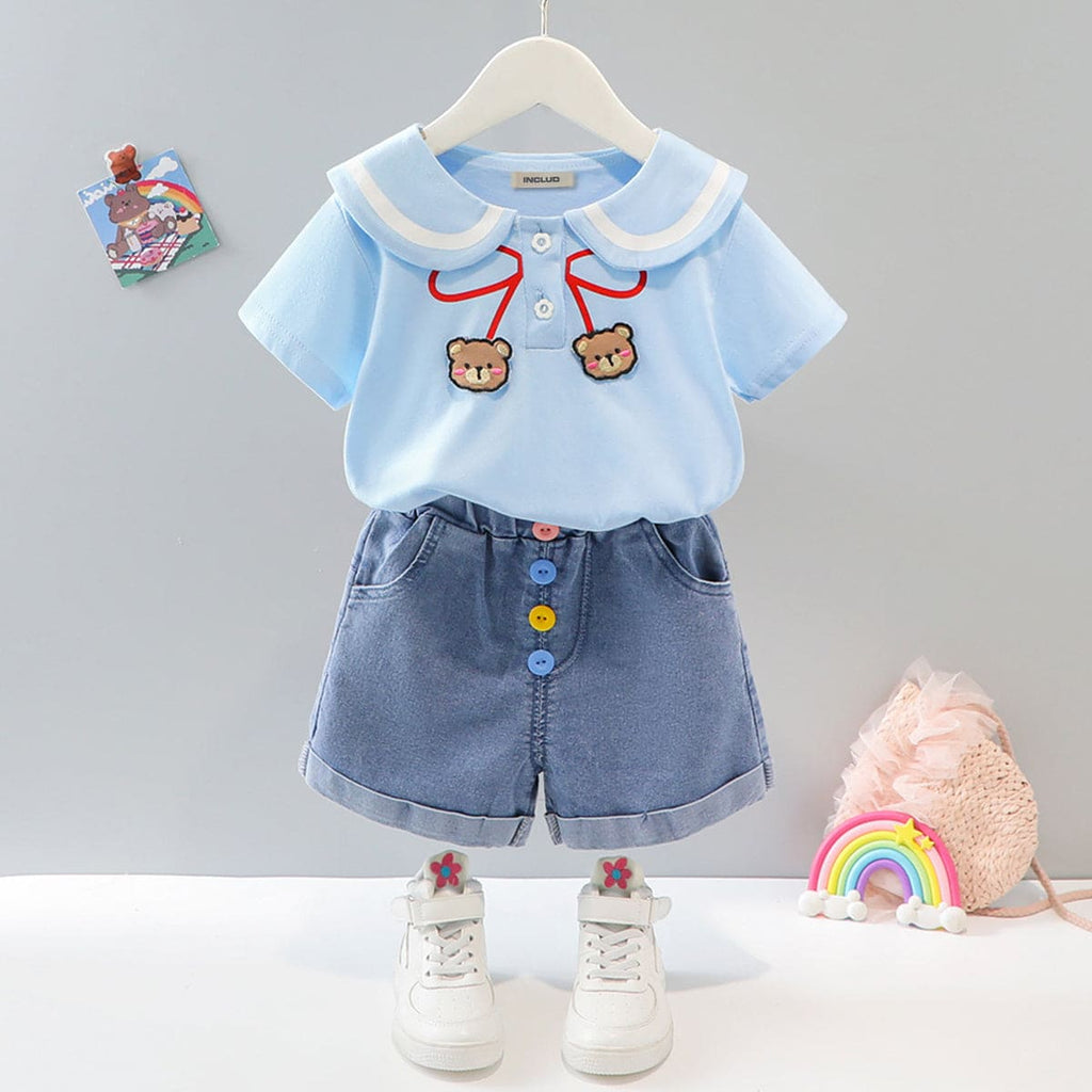 Girls Blue T-shirt with Denim Shorts Set Sets Light Blue 1-2 Y