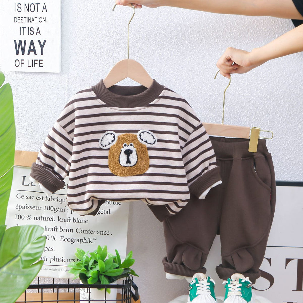 Boys Off White Striped Textured Full Sleeves Sweatshirt with Trouser Set Sets Off White 1-2 Y 