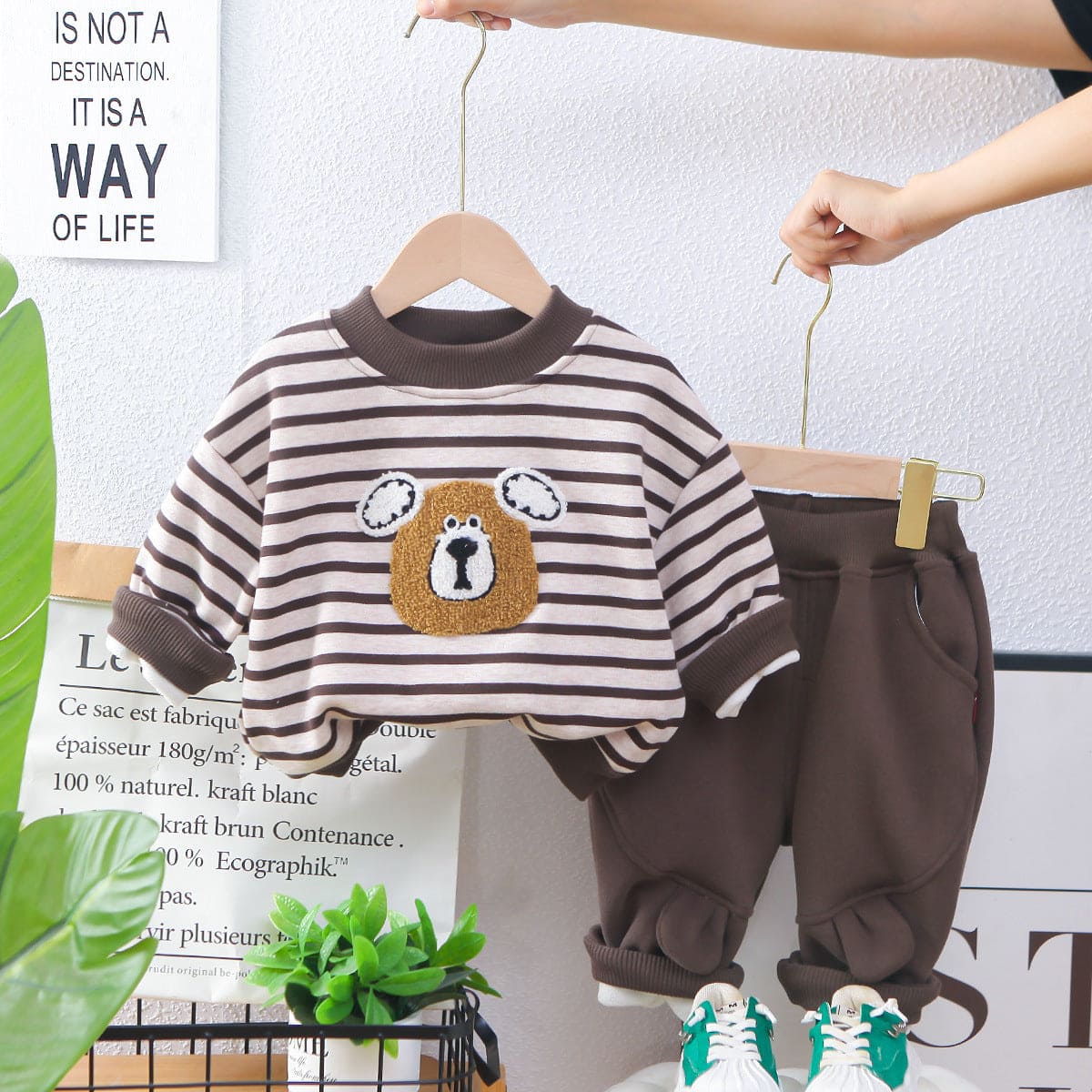 Boys Off White Striped Textured Full Sleeves Sweatshirt with Trouser Set Sets Off White 1-2 Y 