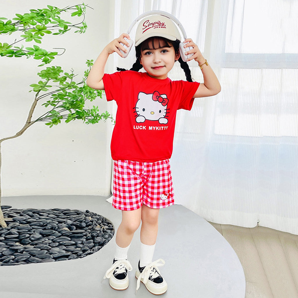 Girls Cartoon Graphic Top With Checked Shorts sets Red 1-2 Y 