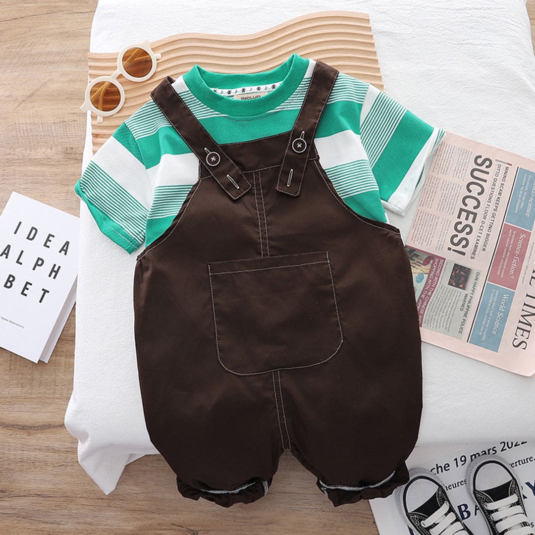 Boys Striped T-Shirt With Dungaree Sets Green 1-2 Y 
