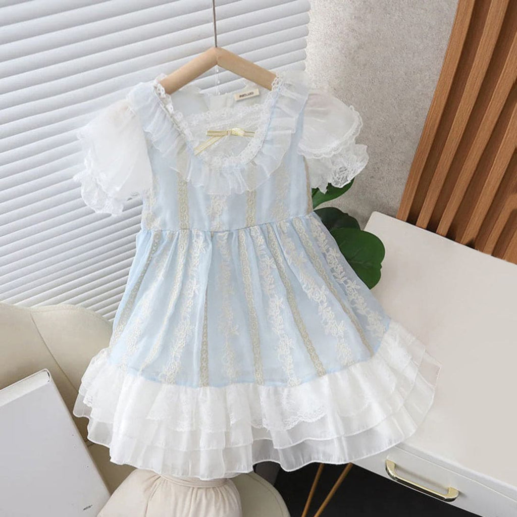 Girls Short Sleeve Lace Neck Embroidered Dress