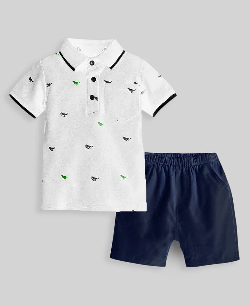 Boys White-Navy Casual Wear T-Shirt & Shorts Clothing Sets