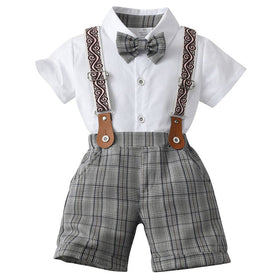 Boys Short Sleeve Shirt With Suspender Check Shorts Set Sets Grey 1-2 Y 