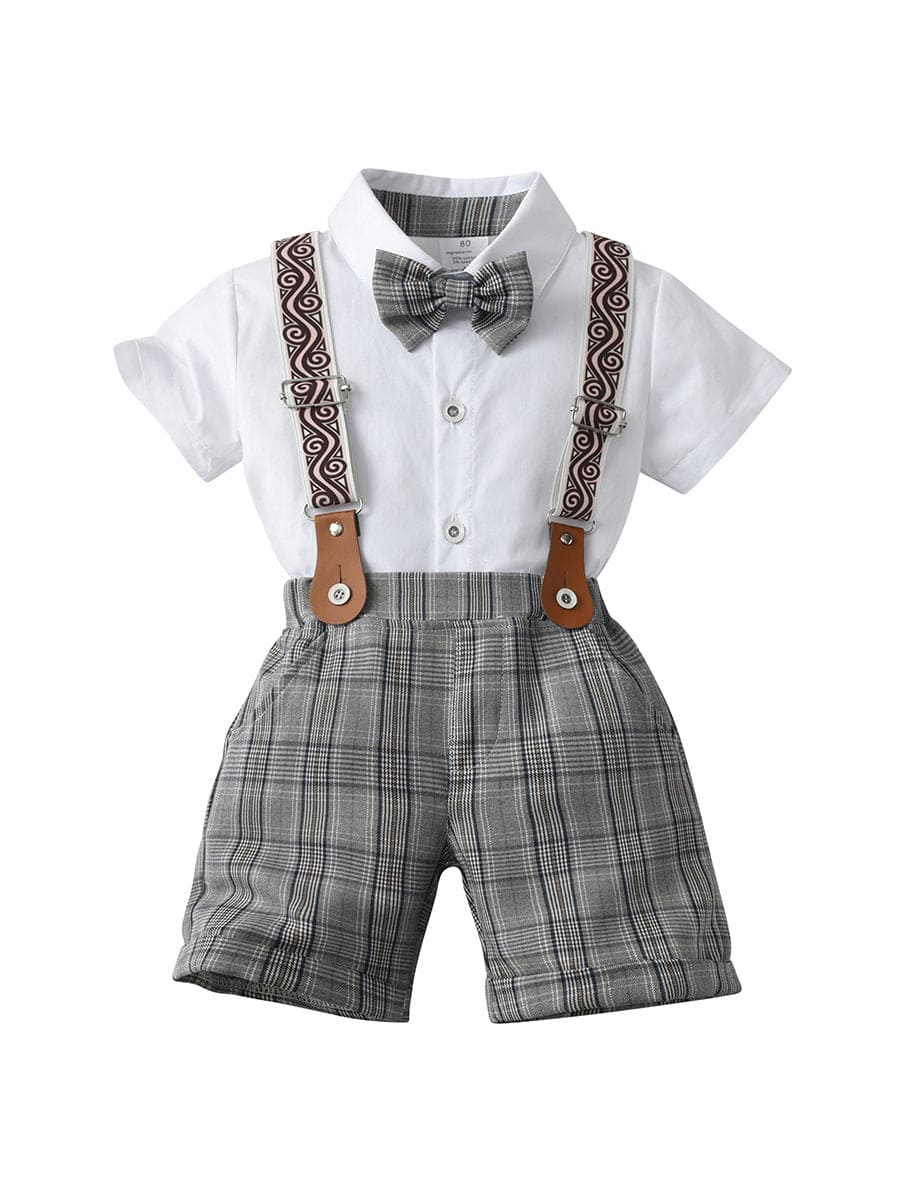Boys Short Sleeve Shirt With Suspender Check Shorts Set Sets Grey 1-2 Y 
