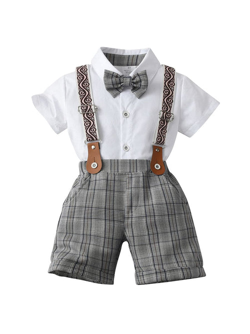 Boys Short Sleeve Shirt With Suspender Check Shorts Set Sets Grey 1-2 Y 
