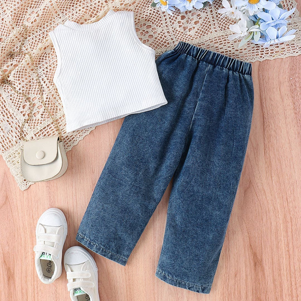 Girls Crop Top With Printed Elasticated Denims Set (Copy) Sets