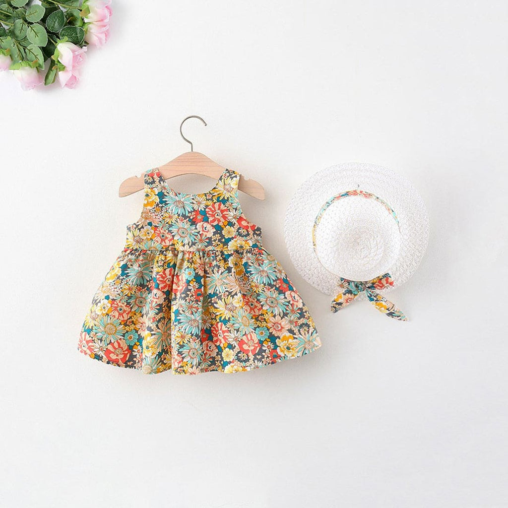 Girls Floral Print Dress with Hat Casual Dresses Yellow 1-2 Y 