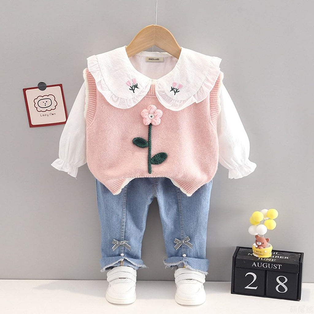 Girls Top with Sweater & Denims Set Sets Pink 1-2 Y