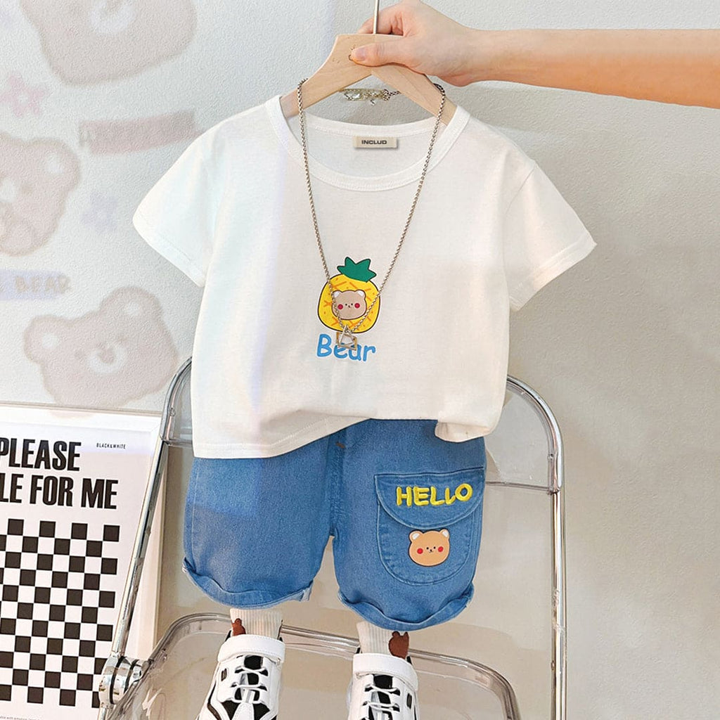 Boys Printed T-shirt with Denim Shorts Set Sets White 1-2 Y 