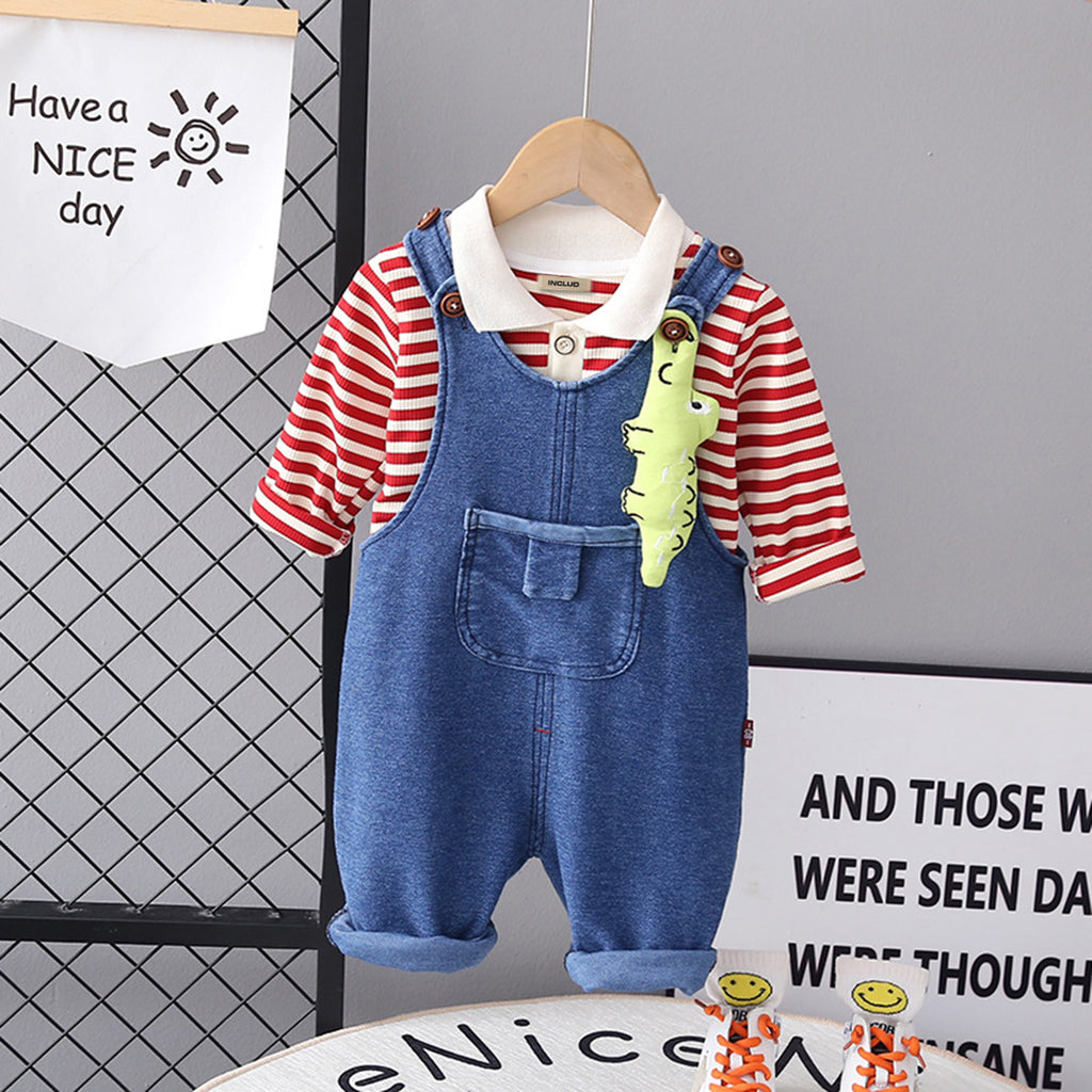 Boys Striped Polo T-shirt with Dungaree Set