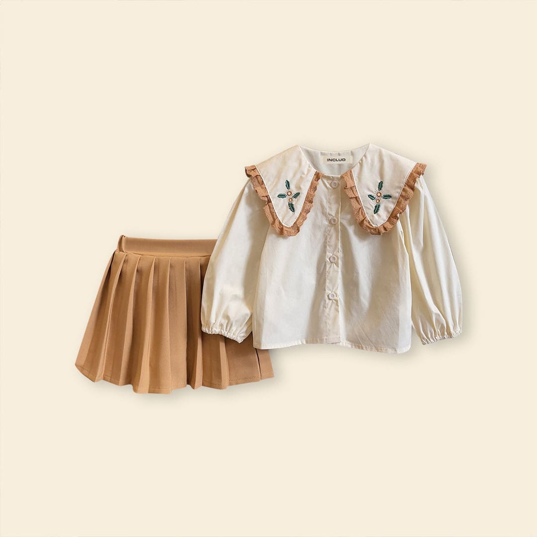 Girls Long Sleeve Peter Pan Collar Top With Skirt Sets   