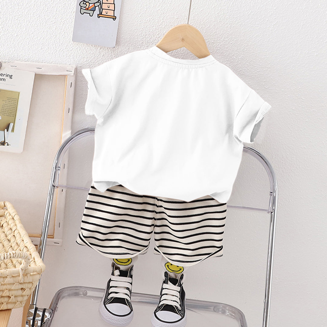 Boys Bear Printed T-Shirt & Striped Shorts Sets   