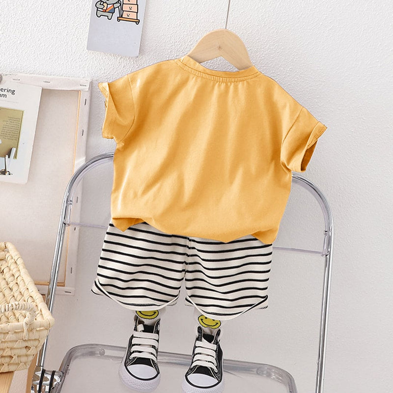 Boys Bear Printed T-Shirt & Striped Shorts Sets   