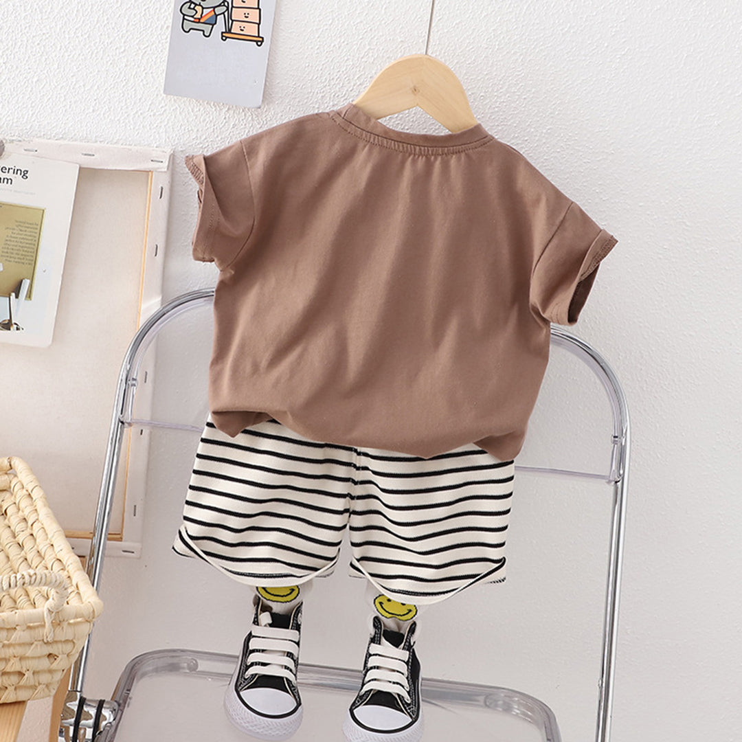 Boys Bear Printed T-Shirt & Striped Shorts Sets   