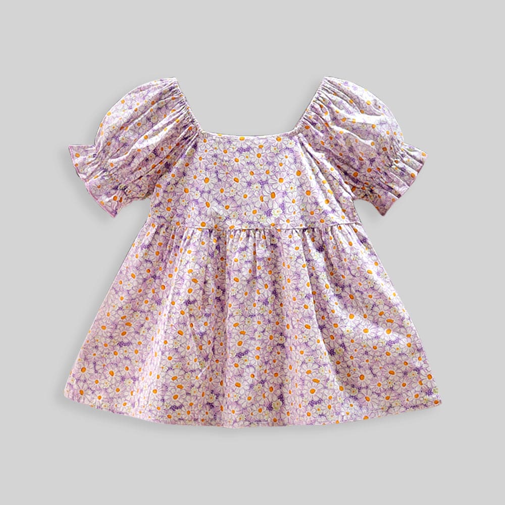 Girls All Over Printed Dress with Bow Applique