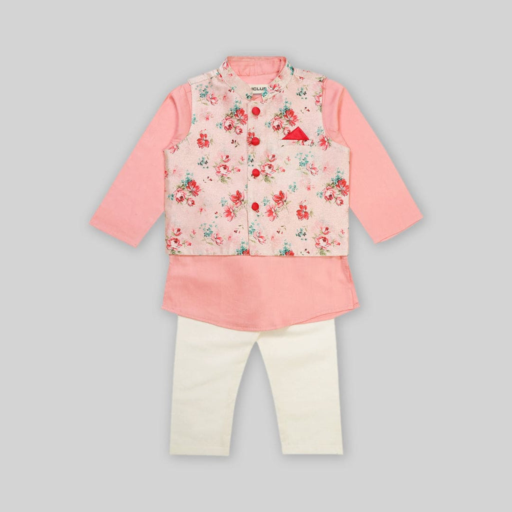 Boys Pink & White Printed Cotton Blend Above Knee Straight Band Collar Pyjamas Ethnicwear Boys Pink 1-2 Y 