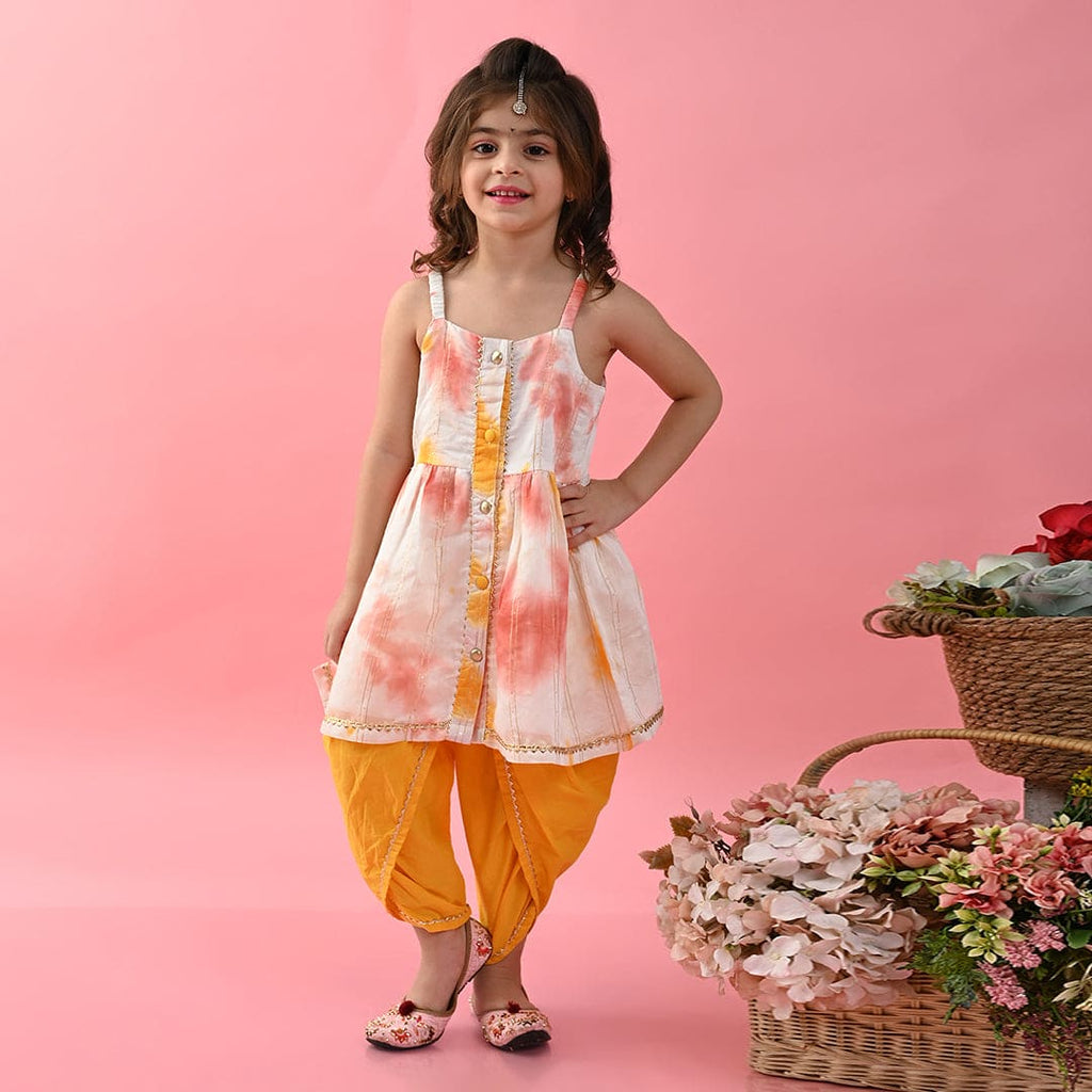 Girls Mustard Tie & Dye Kurta-Dhoti Set Ethnicwear Mustard 1-2 Y 