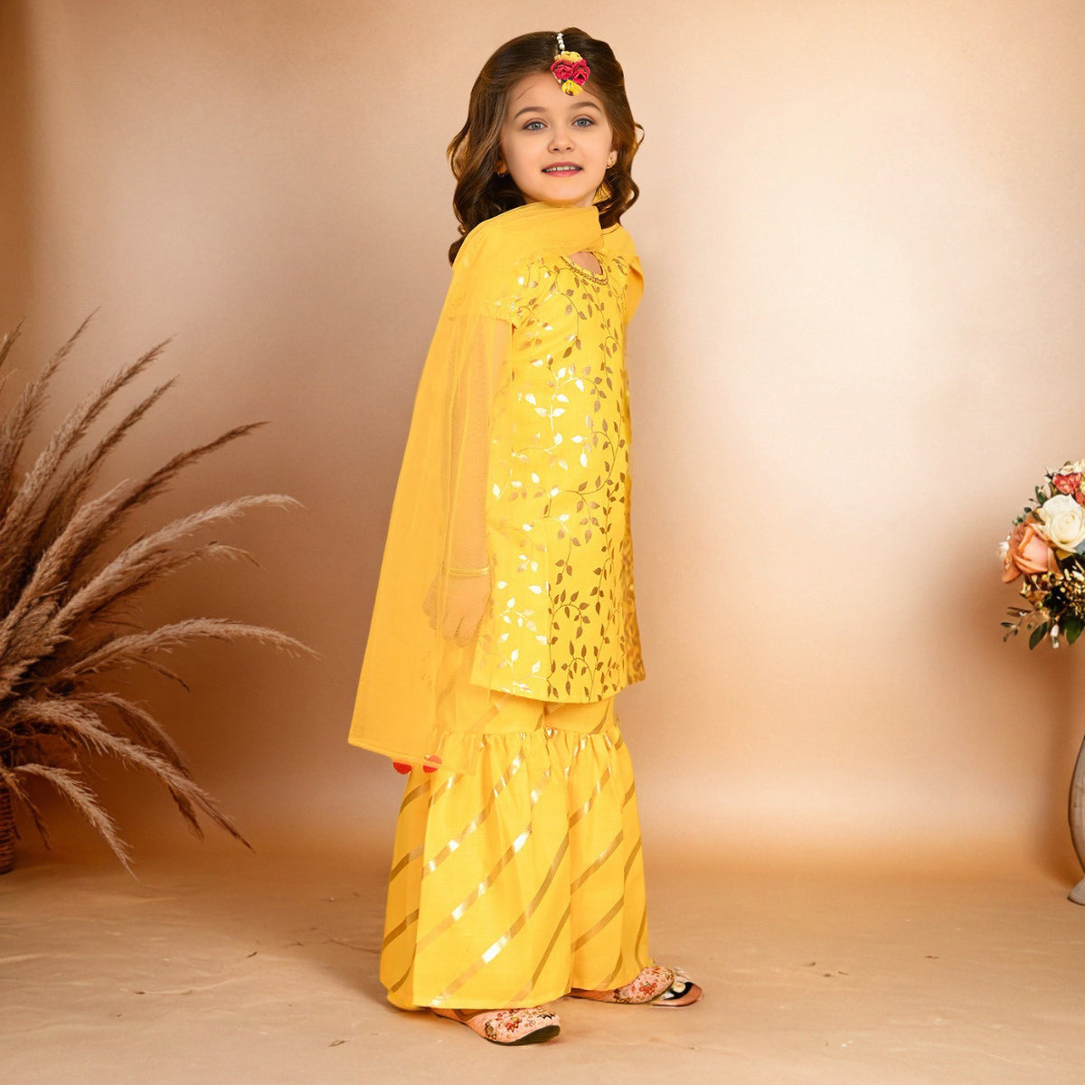 Girls Foil Print Kurta With Sharara & Dupatta Set Ethnicwear Girls
