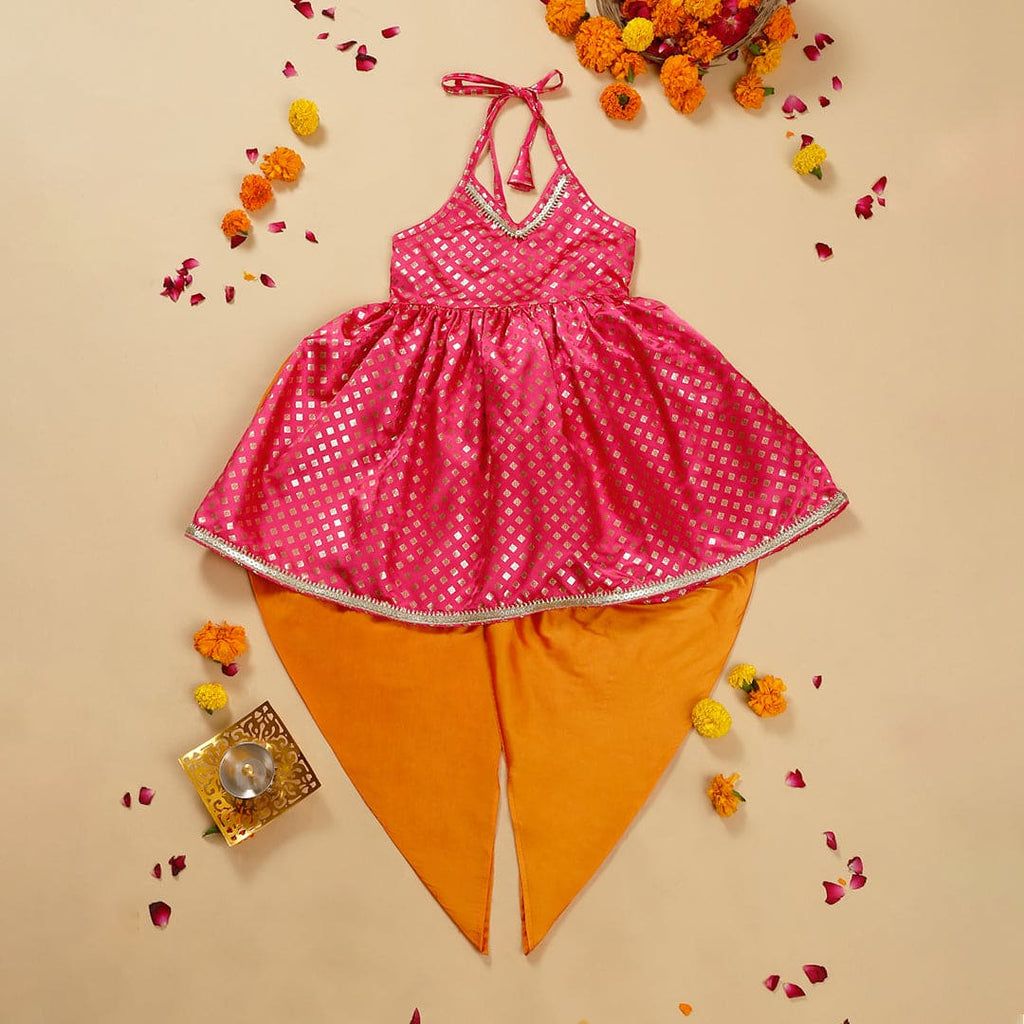 Girls Fuchsia Brocade Halter Peplum Kurti with Dhoti Set Ethnicwear Fuchsia 1-2 Y 