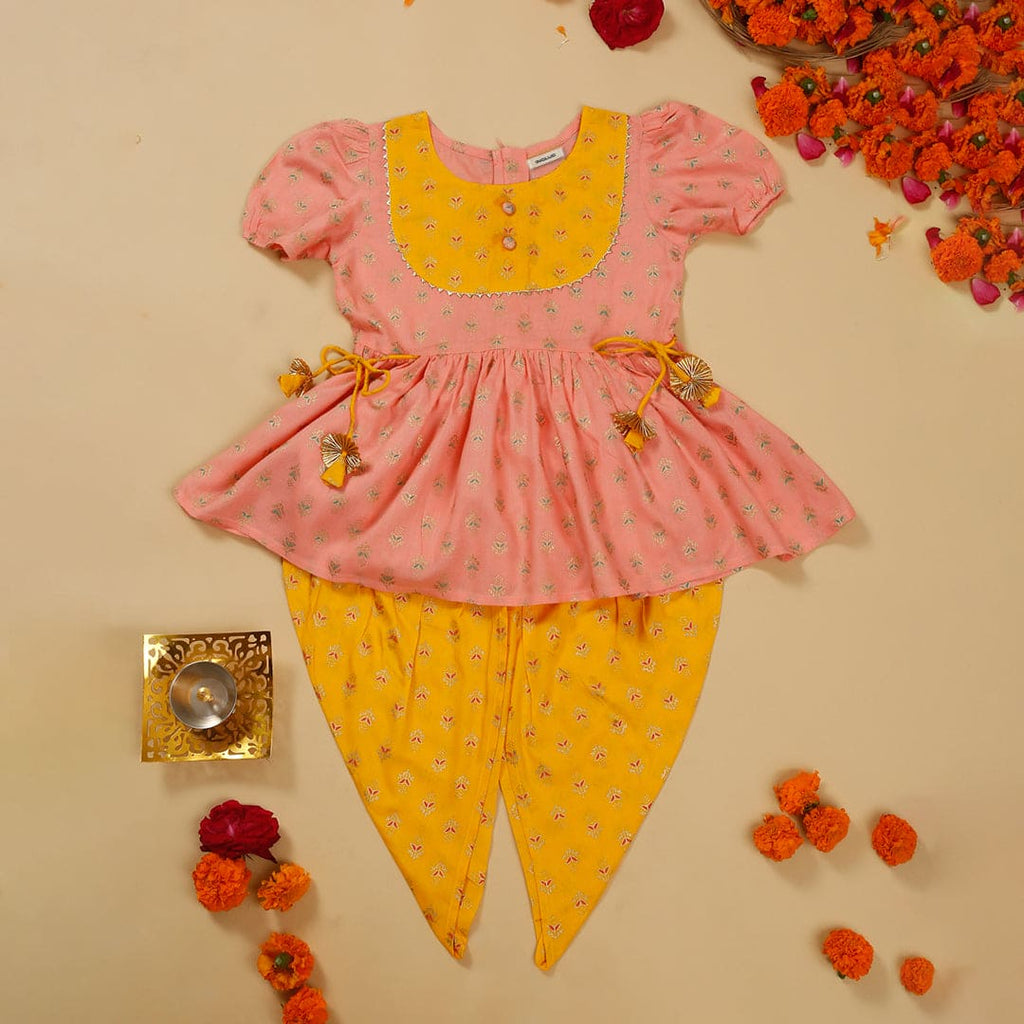 Girls Peach Peplum Printed Kurti with Dhoti Set Ethnicwear Peach 1-2 Y 