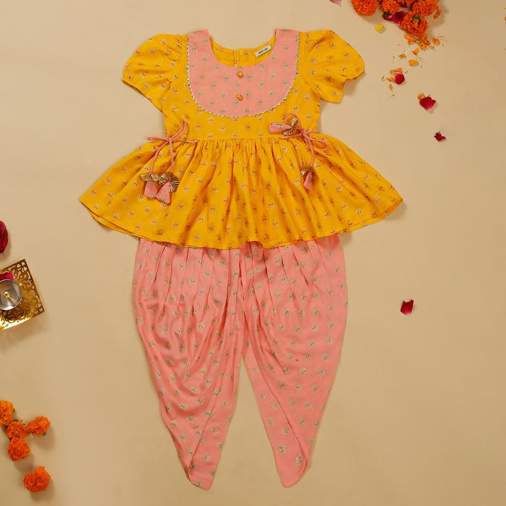 Girls Yellow Printed Peplum Kurti with Dhoti Set Ethnicwear Yellow 1-2 Y 