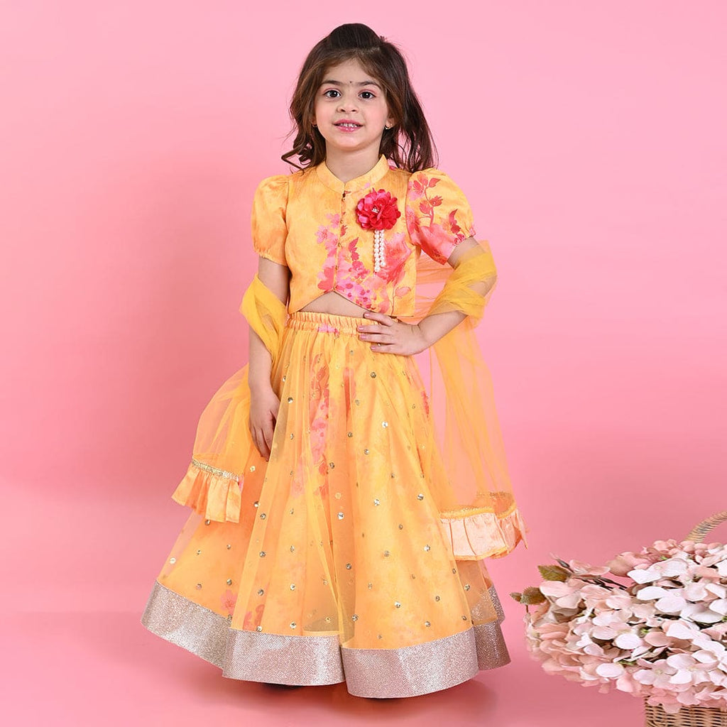 Girls Yellow Brocade Choli with Sequins Lehenga Set Ethnicwear Yellow 1-2 Y 