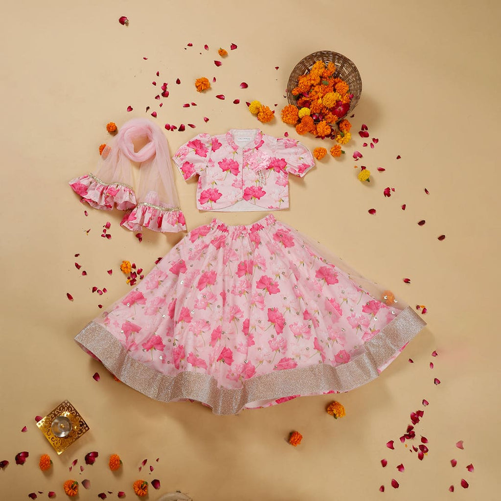 Girls Pink Floral Print Lehenga-Choli Set Ethnicwear Pink 1-2 Y 