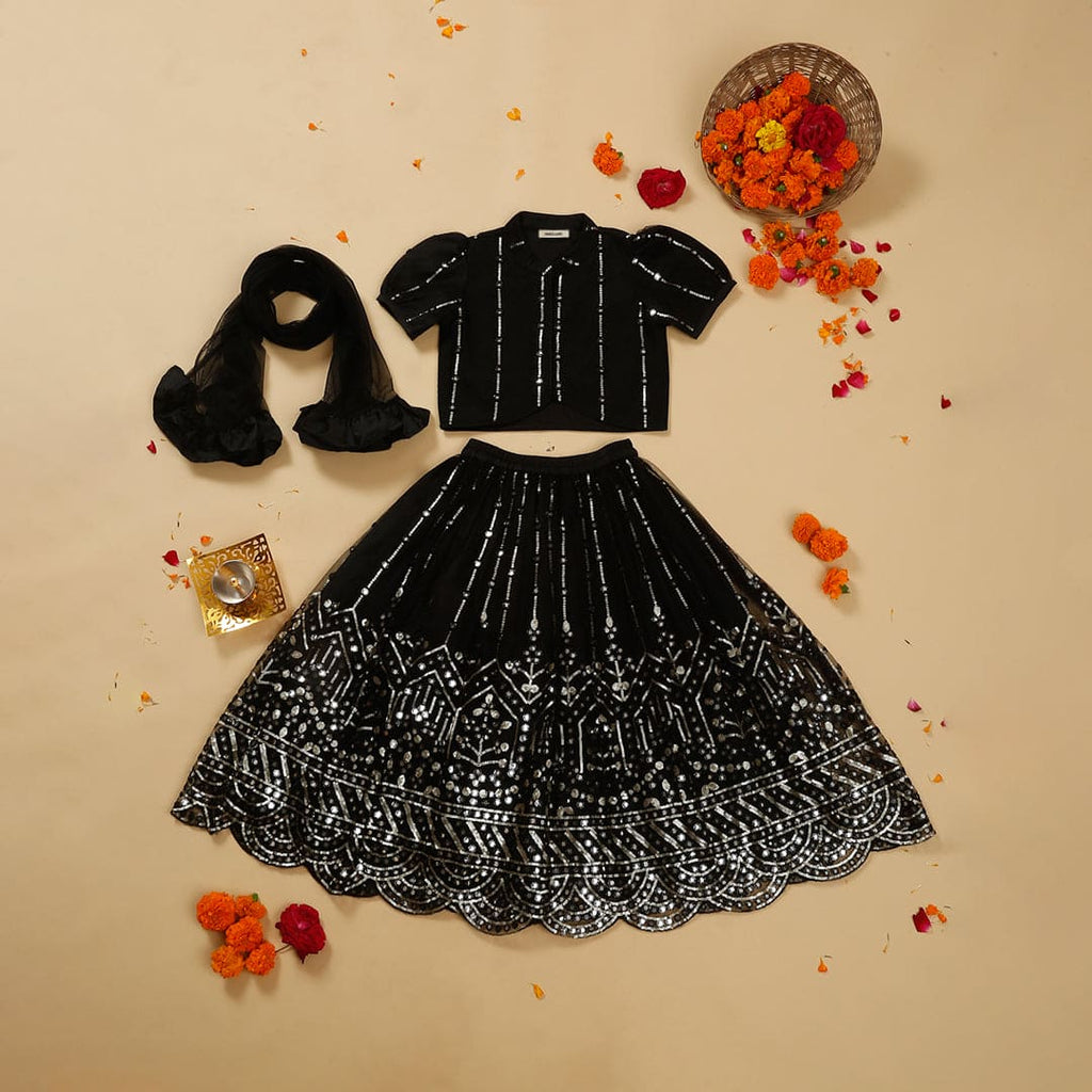 Girls Black Mirrorwork Embellished Lehenga Choli Set Ethnicwear Black 1-2 Y 