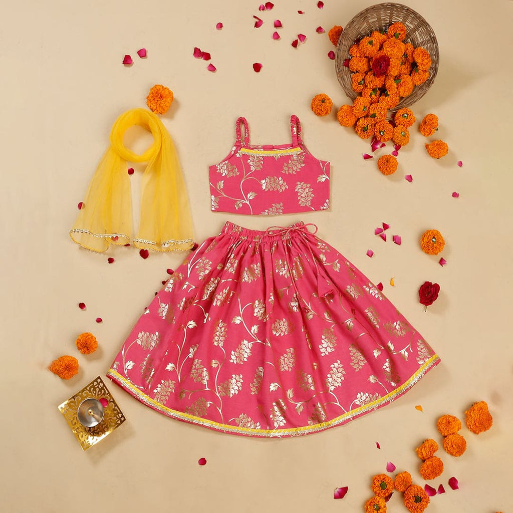 Girls Pink Foil Print Lehenga Choli Set Ethnicwear Pink 1-2 Y 