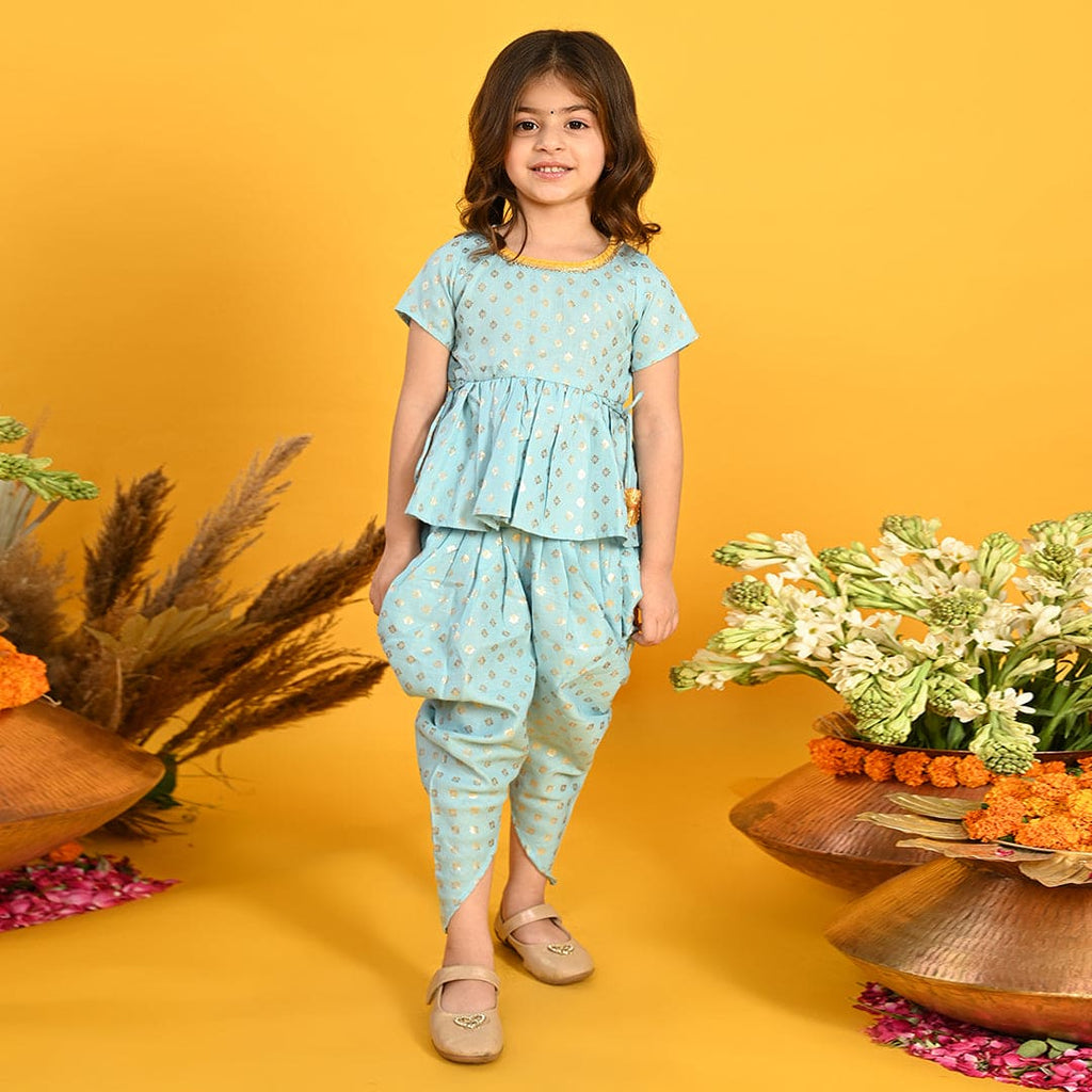 Girls Blue Brocade Peplum Kurta with Dhoti Set Ethnicwear Blue 1-2 Y 