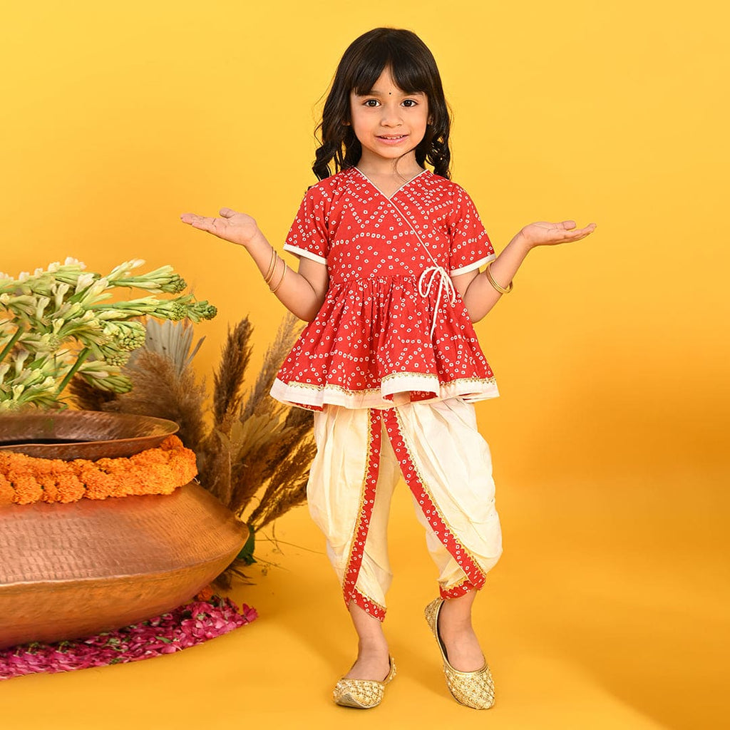 Girls Red Batik Printed Peplum Kurti with Dhoti Set Ethnicwear Red 1-2 Y 