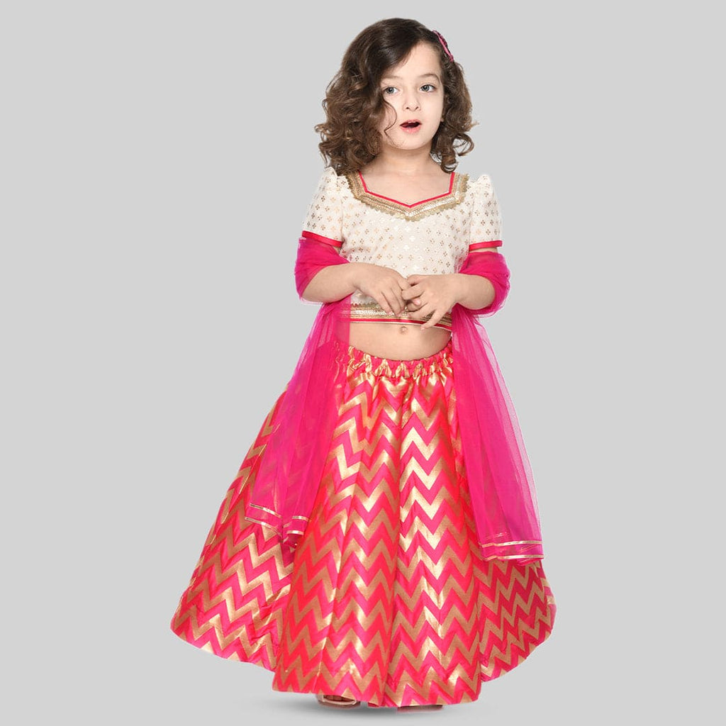 Girls Fuchsia Chevron Brocade Lehenga Choli Set Ethnicwear Fuchsia 1-2 Y 