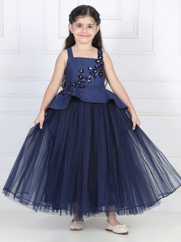 Girls Embellished Peplum Tulle Ankle Length Party Gown Party Dresses Navy 1-2 Y 