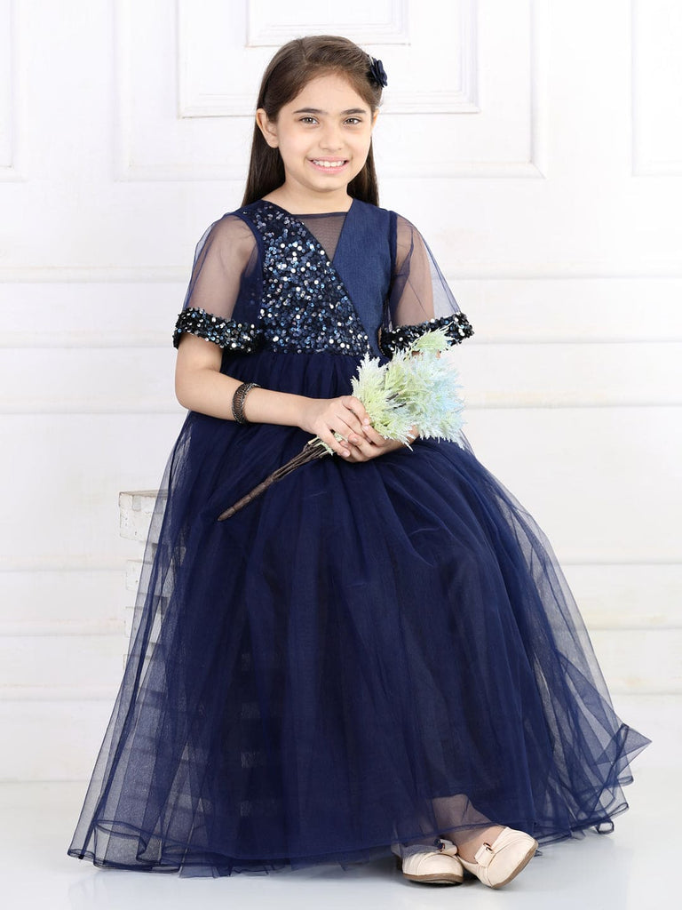 Girls Semi-Sequins Cape Sleeves Party Gown