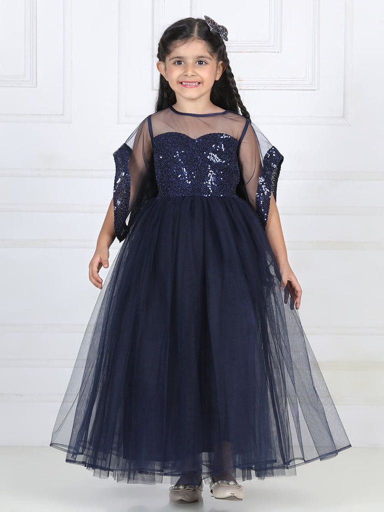 Girls Sequins Cape Sleeves Ankle Length Party Gown
